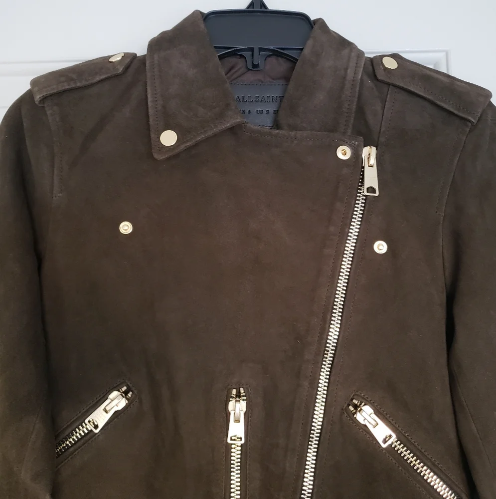 Allsaints suede balfern biker jacket in dark green womens size 2 - Picture 3 of 16